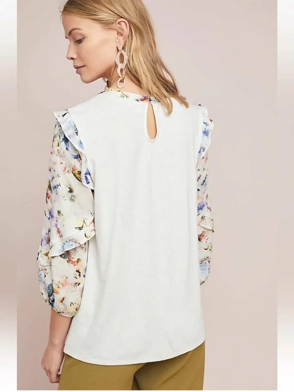 Anthropologie Dolan Araminta Cream Floral Ruffle Keyhole Blouse Small